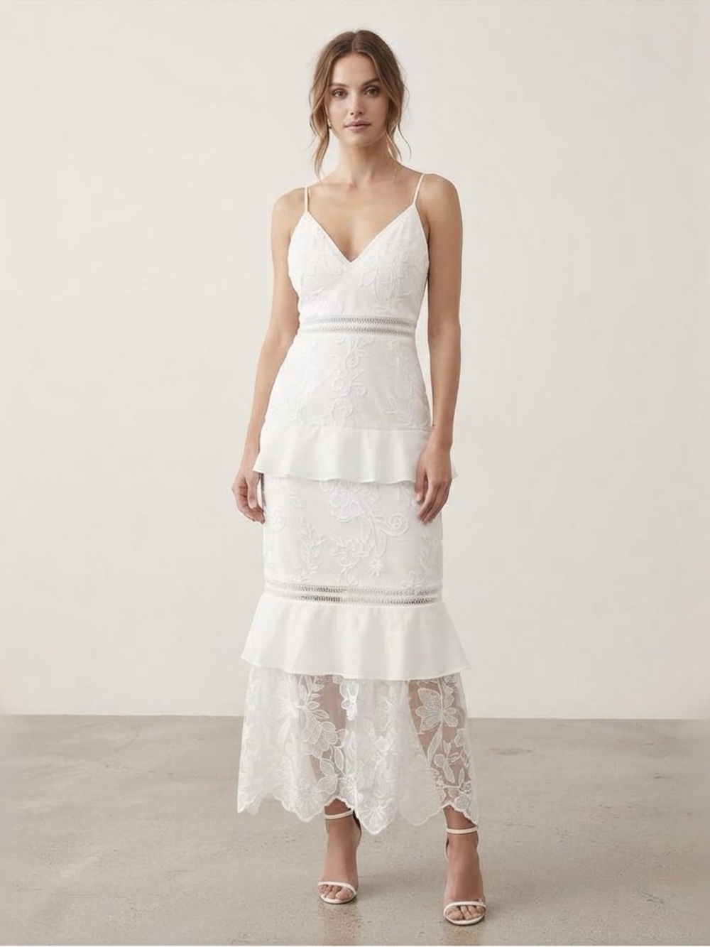 Aidan by Aidan Mattox White Floral Lace Tiered Ruffle Midi Dress